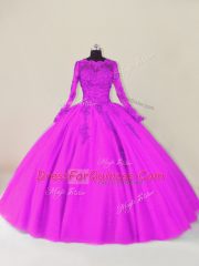 Pretty Purple Ball Gowns Lace and Appliques Ball Gown Prom Dress Zipper Tulle Long Sleeves Floor Length