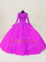 Pretty Purple Ball Gowns Lace and Appliques Ball Gown Prom Dress Zipper Tulle Long Sleeves Floor Length