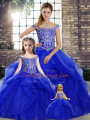 Admirable Brush Train Ball Gowns 15 Quinceanera Dress Royal Blue Off The Shoulder Tulle Sleeveless Lace Up