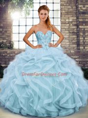 Beauteous Light Blue Tulle Lace Up Sweetheart Sleeveless Floor Length Sweet 16 Quinceanera Dress Beading and Ruffles