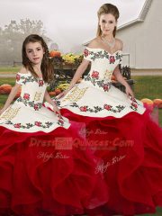 High End Off The Shoulder Sleeveless Quinceanera Gown Floor Length Embroidery and Ruffles White And Red Tulle