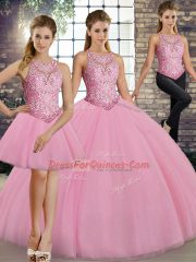 Exceptional Embroidery Quince Ball Gowns Pink Lace Up Sleeveless Floor Length