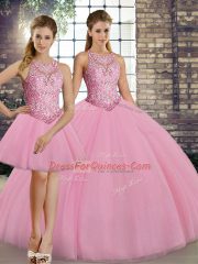 Exceptional Embroidery Quince Ball Gowns Pink Lace Up Sleeveless Floor Length