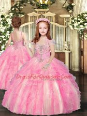 Artistic Strapless Sleeveless Ball Gown Prom Dress Floor Length Beading and Ruffles Baby Pink Tulle