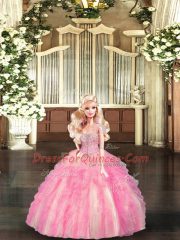 Artistic Strapless Sleeveless Ball Gown Prom Dress Floor Length Beading and Ruffles Baby Pink Tulle