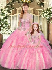 Artistic Strapless Sleeveless Ball Gown Prom Dress Floor Length Beading and Ruffles Baby Pink Tulle