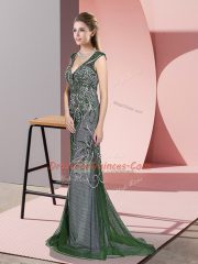 Superior Sweep Train Mermaid Prom Dress Green V-neck Tulle Sleeveless Zipper