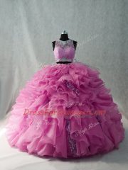 Pink Organza Sweet 16 Dresses Brush Train Beading and Ruffles