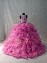 Pink Organza Sweet 16 Dresses Brush Train Beading and Ruffles