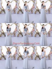 High End Floor Length Empire Sleeveless Grey Damas Dress Lace Up