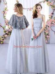 High End Floor Length Empire Sleeveless Grey Damas Dress Lace Up