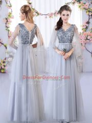 High End Floor Length Empire Sleeveless Grey Damas Dress Lace Up