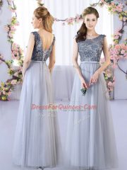 High End Floor Length Empire Sleeveless Grey Damas Dress Lace Up