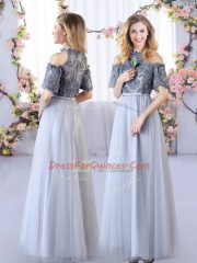 High End Floor Length Empire Sleeveless Grey Damas Dress Lace Up
