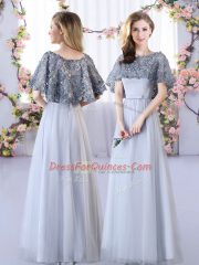 High End Floor Length Empire Sleeveless Grey Damas Dress Lace Up