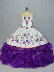 Glittering Embroidery and Ruffles Sweet 16 Dresses White And Purple Lace Up Sleeveless Floor Length