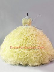 Yellow Ball Gowns Scoop Sleeveless Fabric With Rolling Flowers Floor Length Zipper Beading Vestidos de Quinceanera