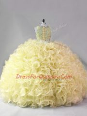 Yellow Ball Gowns Scoop Sleeveless Fabric With Rolling Flowers Floor Length Zipper Beading Vestidos de Quinceanera