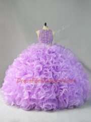 Floor Length Lavender Ball Gown Prom Dress Organza Sleeveless Beading and Ruffles