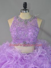 Floor Length Lavender Ball Gown Prom Dress Organza Sleeveless Beading and Ruffles