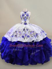 Superior Blue And White Sleeveless Floor Length Embroidery and Ruffles Lace Up Sweet 16 Dresses