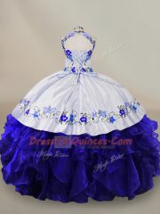 Superior Blue And White Sleeveless Floor Length Embroidery and Ruffles Lace Up Sweet 16 Dresses