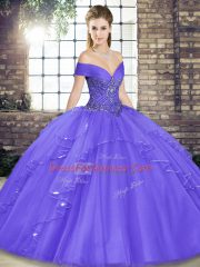 Stunning Floor Length Lavender Sweet 16 Quinceanera Dress Tulle Sleeveless Beading and Ruffles