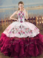 Ball Gowns 15th Birthday Dress Fuchsia Halter Top Organza Sleeveless Floor Length Lace Up