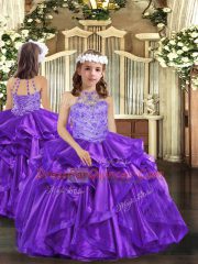 Fashion Floor Length Purple Little Girl Pageant Dress Organza Sleeveless Beading and Ruffles