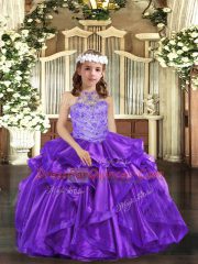 Fashion Floor Length Purple Little Girl Pageant Dress Organza Sleeveless Beading and Ruffles