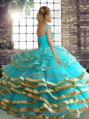 Smart Blue Ball Gowns Tulle Off The Shoulder Sleeveless Beading and Ruffled Layers Floor Length Lace Up Vestidos de Quinceanera