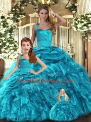 Beautiful Teal Ball Gowns Organza Halter Top Sleeveless Ruffles and Pick Ups Floor Length Lace Up Vestidos de Quinceanera