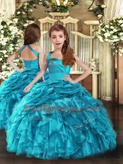 Beautiful Teal Ball Gowns Organza Halter Top Sleeveless Ruffles and Pick Ups Floor Length Lace Up Vestidos de Quinceanera