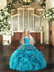 Beautiful Teal Ball Gowns Organza Halter Top Sleeveless Ruffles and Pick Ups Floor Length Lace Up Vestidos de Quinceanera
