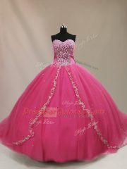 Smart Sleeveless Tulle Court Train Lace Up Sweet 16 Dress in Hot Pink with Beading