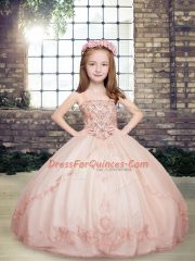 Pink Tulle Lace Up Little Girl Pageant Gowns Sleeveless Floor Length Beading