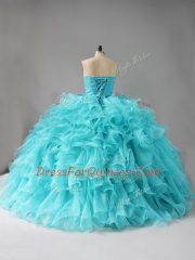 Romantic Aqua Blue Ball Gowns Organza Sweetheart Sleeveless Beading and Ruffles Lace Up Vestidos de Quinceanera