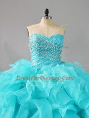 Romantic Aqua Blue Ball Gowns Organza Sweetheart Sleeveless Beading and Ruffles Lace Up Vestidos de Quinceanera