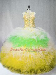 Nice Tulle Sleeveless Floor Length Quince Ball Gowns and Beading and Ruffles