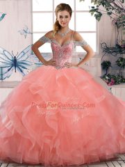 Floor Length Peach Sweet 16 Dresses Off The Shoulder Sleeveless Lace Up