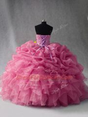 Customized Organza Sweetheart Sleeveless Lace Up Beading and Ruffles and Pick Ups Sweet 16 Dress in Rose Pink