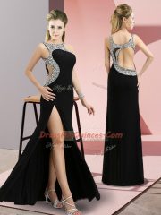 Affordable Elastic Woven Satin Scoop Sleeveless Backless Beading Homecoming Dress in Black