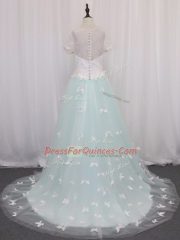 Apple Green Flower Girl Dresses Wedding Party with Appliques Scoop Short Sleeves Brush Train Clasp Handle