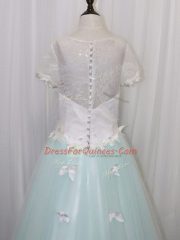 Apple Green Flower Girl Dresses Wedding Party with Appliques Scoop Short Sleeves Brush Train Clasp Handle