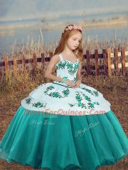 Teal Ball Gowns Straps Sleeveless Organza Floor Length Lace Up Embroidery Pageant Gowns