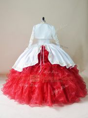 Stunning White And Red Sweetheart Neckline Embroidery and Ruffles Ball Gown Prom Dress Sleeveless Lace Up