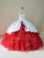 Stunning White And Red Sweetheart Neckline Embroidery and Ruffles Ball Gown Prom Dress Sleeveless Lace Up