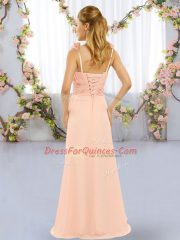 Romantic Chiffon Lace Up Quinceanera Court of Honor Dress Sleeveless Floor Length Hand Made Flower