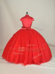 Red Ball Gown Prom Dress Sweet 16 and Quinceanera with Beading and Bowknot Sweetheart Sleeveless Lace Up
