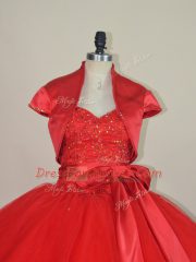 Red Ball Gown Prom Dress Sweet 16 and Quinceanera with Beading and Bowknot Sweetheart Sleeveless Lace Up